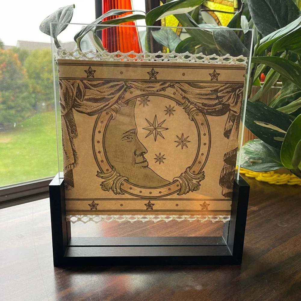 90s Vtg Celestial‎ Sun Moon Star Print Framed Wall Art floating Frame 10x9 lace